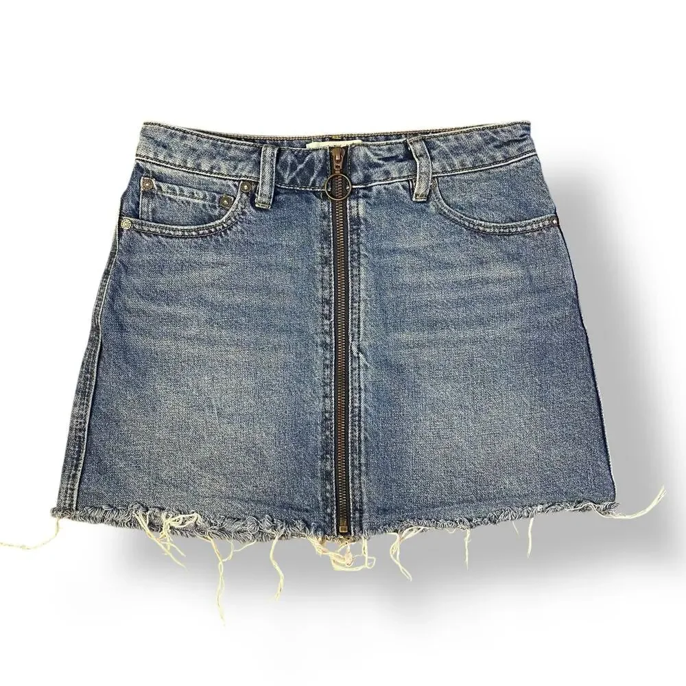 Free People Zipper Front Denim Mini Skirt Womens Size 24‎ Blue Festival
